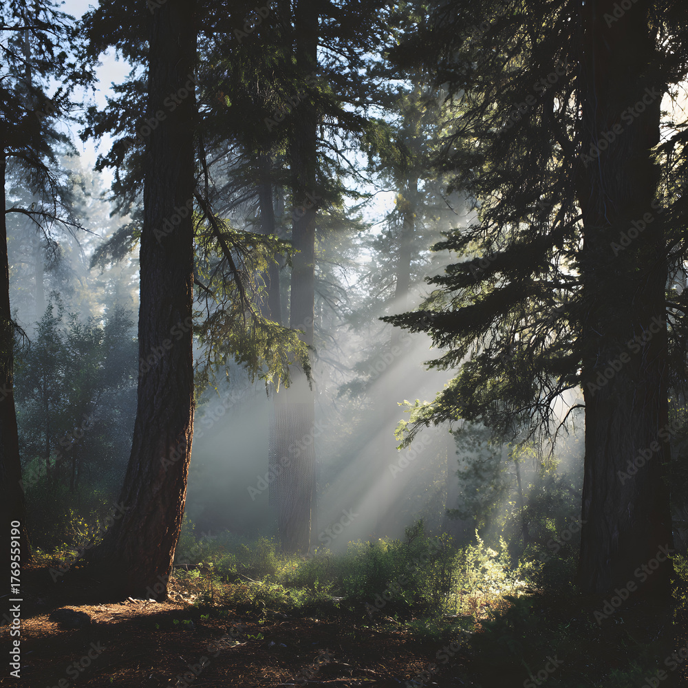 Fototapeta premium Serene Morning Fog Rolling Through Tall Forest with Gentle Light Streaming Down Between Trees