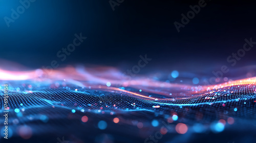 Futuristic data stream with glowing blue digital wave, abstract cyber network, and technology grid on dark background. AI-powered big data visualization and advanced computing concept. 42225764 1
