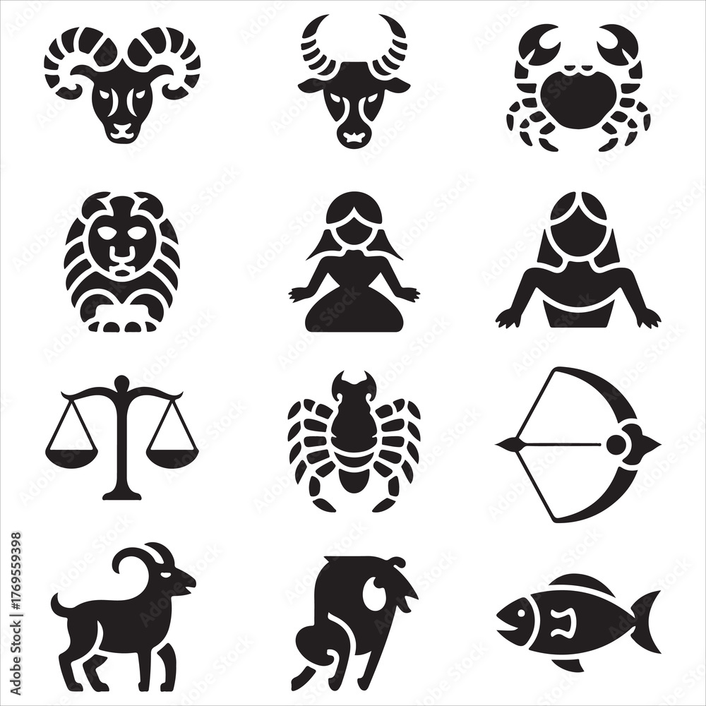 Naklejka premium Collection of Zodiac Sign Icons in Black and White