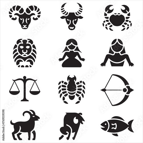 Collection of Zodiac Sign Icons in Black and White