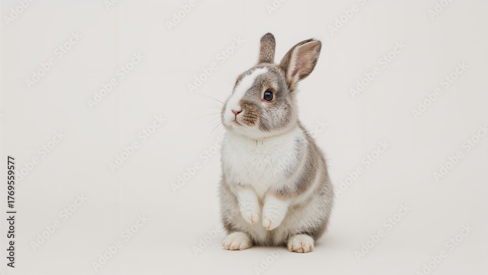 Fototapeta premium Front view of adorable baby rabbit sitting on background. Lovely action of young rabbit.
