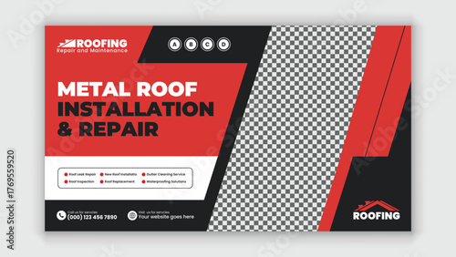 Modern roofing contractor services web advertisement banner for construction companies