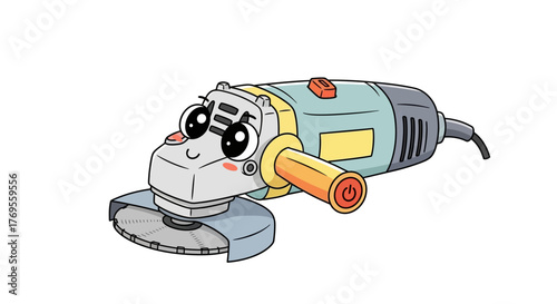 Cartoon angle grinder character illustration with kawaii eyes on white backdrop