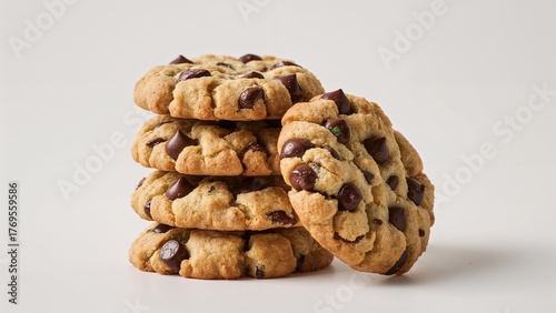 Mint-infused peanut butter chocolate chip cookies are stacked together in this image.
