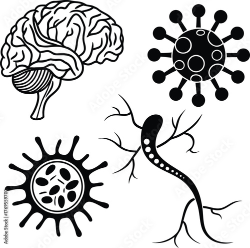 “Minimal Black and White Neurology and Microbiology Vector: Brain Side View, Microbe, and Nerve Cell Outline Diagram for Education and Science”