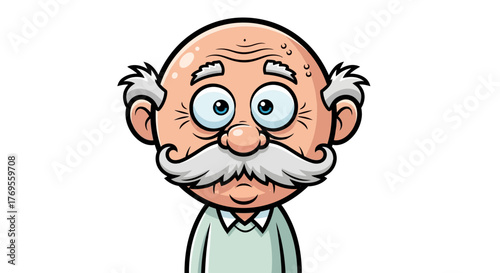 Cartoon Illustration of a Balding Elderly Gentleman with Expressive Eyes and Moustache