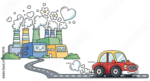 Cartoon illustration depicting environmental pollution from industrial sources and transportation