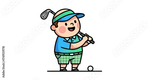 Cartoon golfer getting ready to swing the golf club at the ball with a cheerful expression