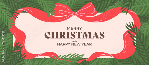 Hand drawn horizontal background of Merry Christmas and Happy New Year. Vintage concept template with gift bow, Christmas tree branch, texture. Modern design for banner, cover, print, invitation, card