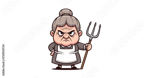 Cartoon illustration of a grumpy old woman character with a pitchfork on a white background