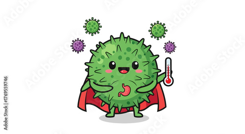 Cartoon illustration of a super virus with cape, holding a thermometer and gastric issues