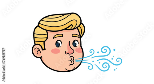Cartoon illustration showing a blond man blowing wind on white background