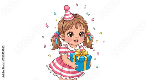Cartoon illustration of a little girl celebrating her birthday with party and present happiness