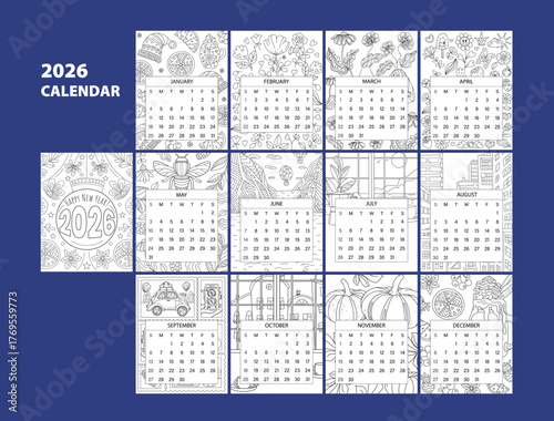 Calendar Colouring page 2026. Monthly Coloring Pages with Seasonal Illustrations. Calendar layout with  dates and unique hand-drawn illustration inspired by the season, holidays. Printable planner