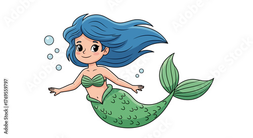 Cartoon mermaid with flowing blue hair swimming gracefully under the sea with bubbles