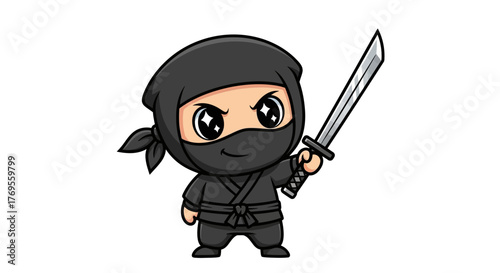 Cartoon ninja warrior with a shining blade and determined eyes poised for action