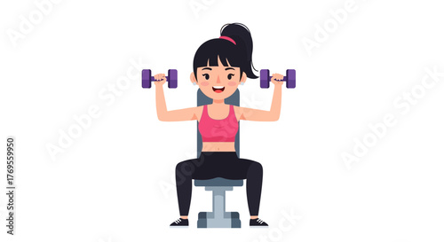 Cartoon woman on weight bench lifting dumbbells showing strength and fitness exercise