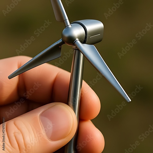 Macro shot of a hand grasping a small wind turbine, with visible fingerprints and metallic turbine details.
