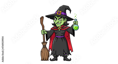 Cartoon witch with a broom and potion on a white background for Halloween themed content