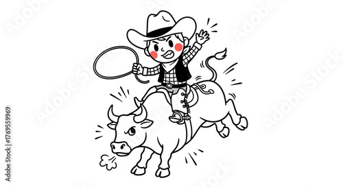 Cartoon-style cowboy rides an excited bull, with lasso and hat for a fun and unique image