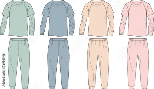 Set of stylish children's outfits for everyday wear, complete with long sleeve shirts and comfortable pants, available in various colors