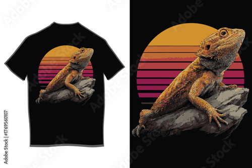 Retro sunset bearded dragon t-shirt design featuring a reptile perched on a rock with vibrant gradient