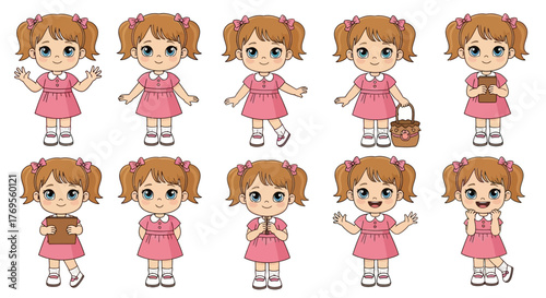Charming cartoon girls illustration exhibiting variety of poses and expressions standing on white