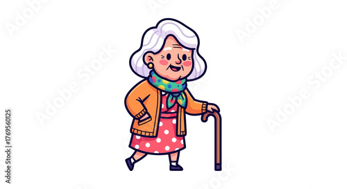 Charming cartoon grandmother character strolling with cane in a heartwarming illustration