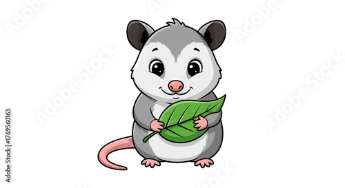 Charming cartoon opossum character holding a leaf with nature appreciation vibe illustration