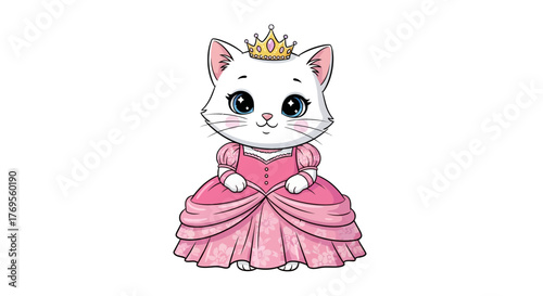 Charming feline character dressed in a pink princess gown with a golden crown adornment