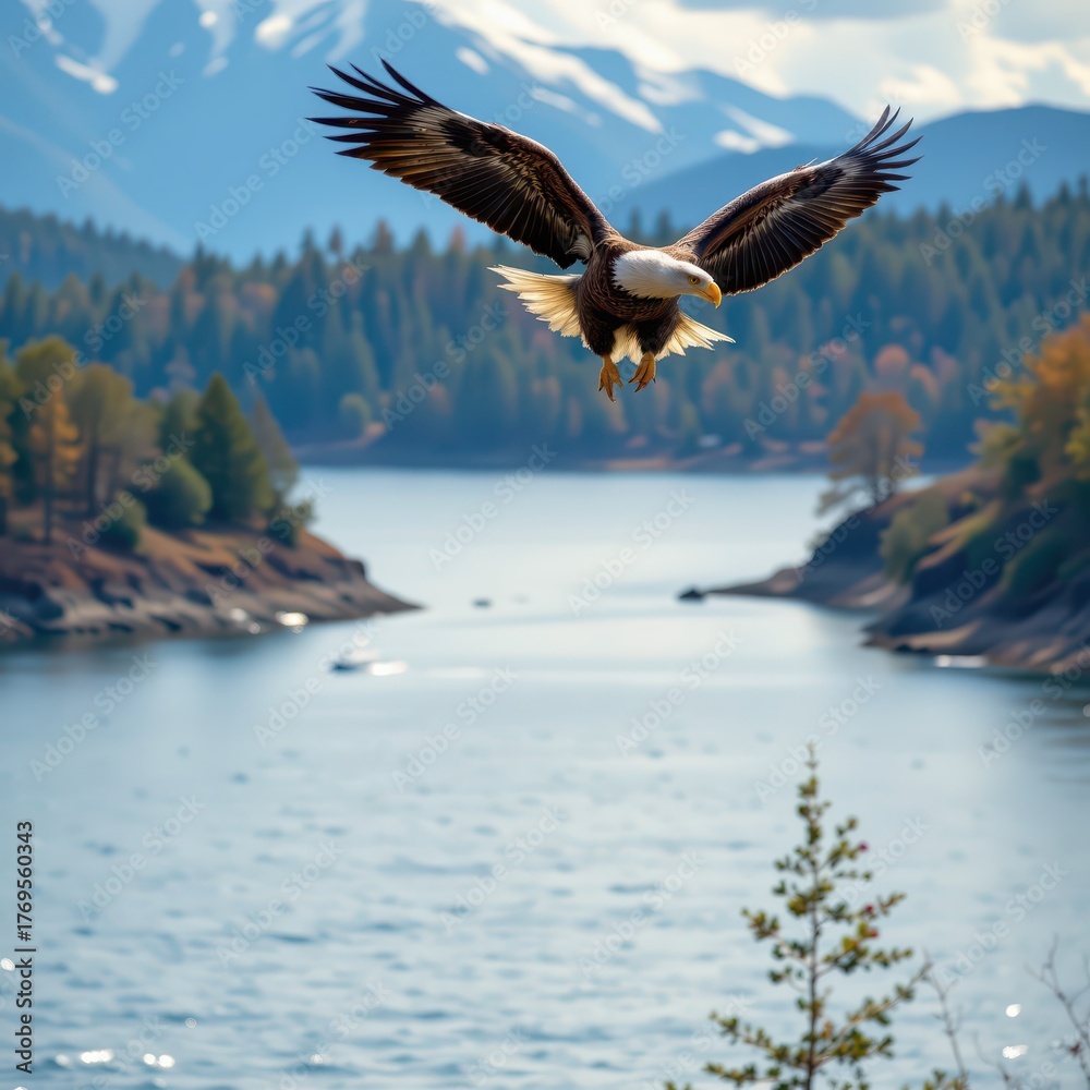 Fototapeta premium Majestic Bald Eagle Soaring Over a Breathtaking Alaskan Landscape with Copy Space, Symbol of Freedom and American Wilderness