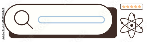 Magnifying glass near search bar with atom icon and five-star rating. Ideal for technology, research, education, innovation, online searches, quality rating, scientific discovery. Simple flat