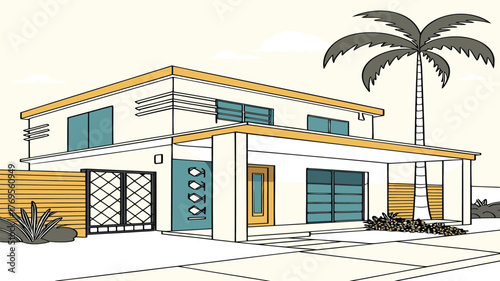 Coastal Abode: An architectural illustration showcases a modern home with clean lines, ample windows, and a distinctive flat roof. A palm tree suggests a tranquil, sun-drenched coastal environment.