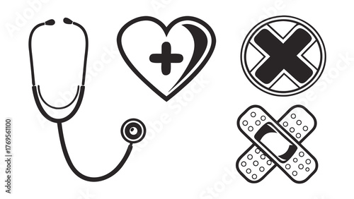 Healthcare icons for medical professionals, featuring a stethoscope, heart with a plus sign, and bandages, conveying health, wellness, and medical care