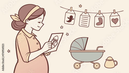Expecting mother joyfully plans baby's nursery with sweet illustrations and a classic stroller, radiating anticipation for motherhood in a gentle style