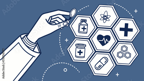 Modern medicine and healthcare icons, hand holding a pill offering health, wellness, and scientific solutions for a healthier future, vector design