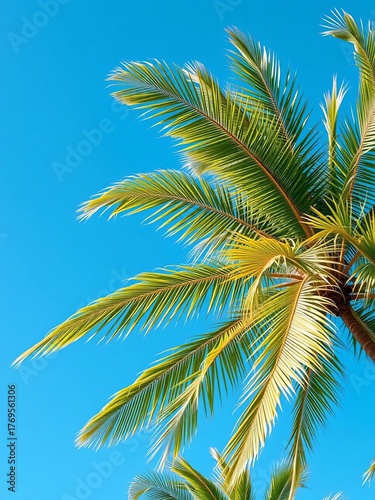 Lush palm fronds sway gently in a tropical breeze under a clear blue sky,  coastal,  outdoor