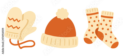 Cozy winter clothes set with warm hat_mittens and socks in soft pastel colors. Perfect for hygge design, holiday decor, Christmas cards and winter fashion illustrations