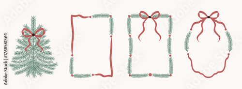 Vintage Christmas frame set with fir branches, ribbons, bows, Xmas tree in a doodle style. Perfect for posters, invitations, and holiday cards. Pastel green and red line art for a festive retro feel.