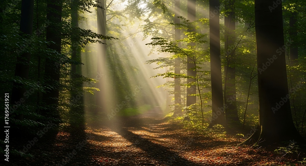 Obraz premium Serene Sunrise Forest Scene with Soft Sunbeams Filtering Through Tall Green Trees, Creating a Tranquil Nature Landscape for Eco-Tourism, Nature Photography, Environmental Awareness, and Outdoor