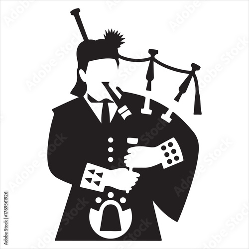 Stylized Black and White Illustration of a Bagpiper in Traditional Scottish Attire