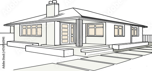 Architectural Abode: A meticulously rendered architectural illustration showcases the facade of a modern dwelling, highlighting its geometric forms and spatial design elements.