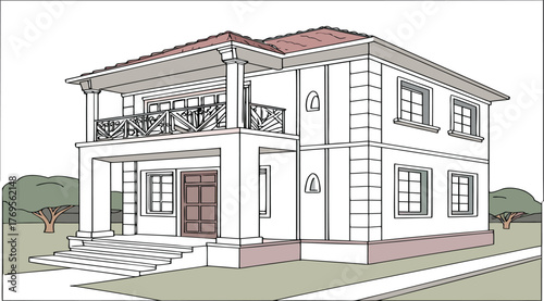 Elegant Architectural Rendering: A detailed architectural rendering showcases the facade of a classic, two-story house, emphasizing symmetry and intricate design elements.