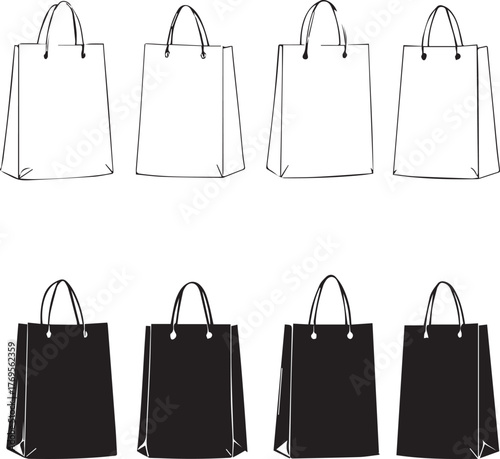 Shopping bag silhouette set — black and white illustration of eight retail bags with handles in varied angles and perspectives