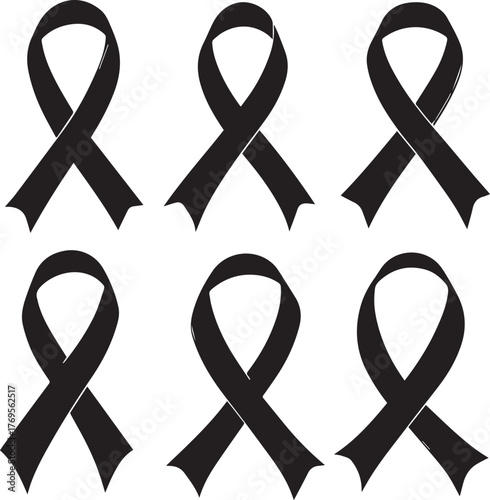 Black awareness ribbon set — silhouette illustration of six mourning and remembrance ribbon styles for memorial and support themes