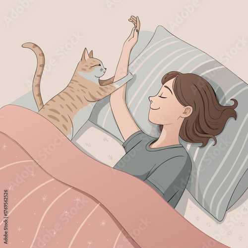 A cat gently waking up its owner in a cozy bed, A concept of pet companionship, Vector illustration - Generative AI