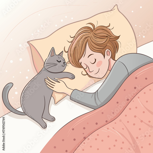 A young man cuddling his cat in bed, A concept of a cozy morning and pet love, Vector illustration - Generative AI