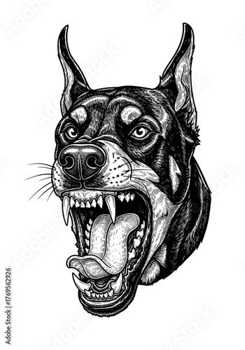 A fierce Doberman dog head with open mouth, showing teeth in an aggressive snarl, rendered in detailed black and white illustration style.