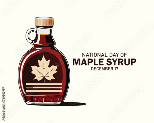 National Maple Syrup Day vector. Bottle of syrup and maple leaves drawing. Pancakes with maple syrup breakfast still life icon vector. December 17. 