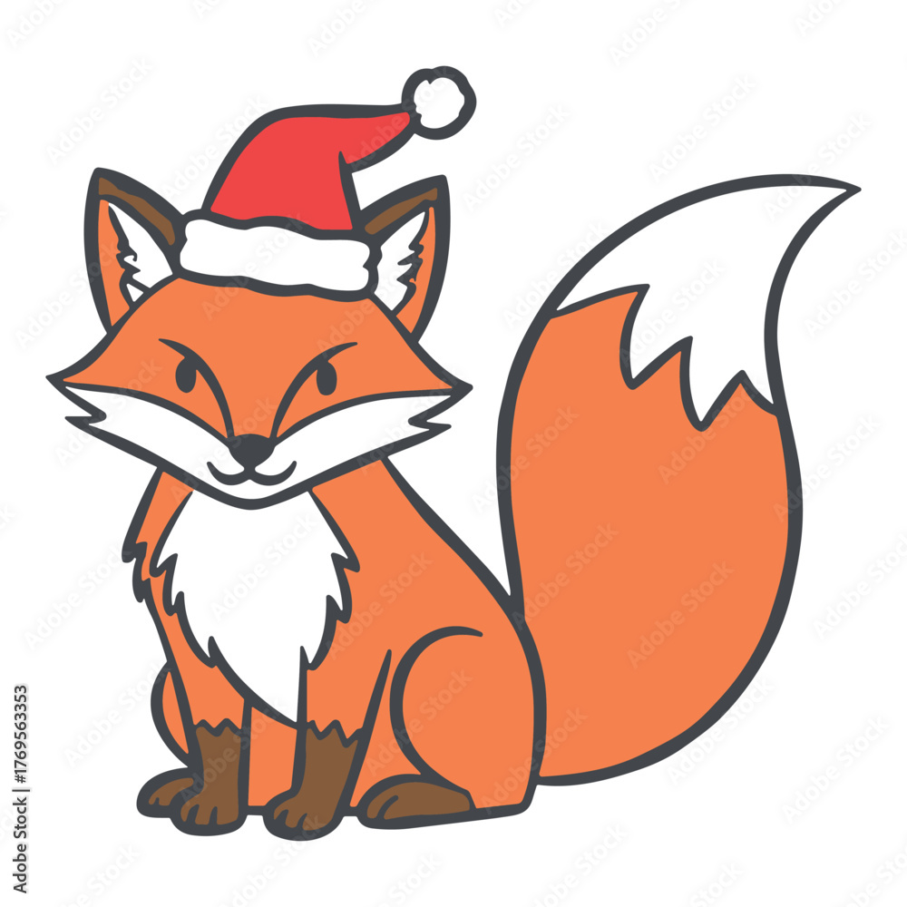 Fototapeta premium Christmas Fox Santa Hat Vector Illustration